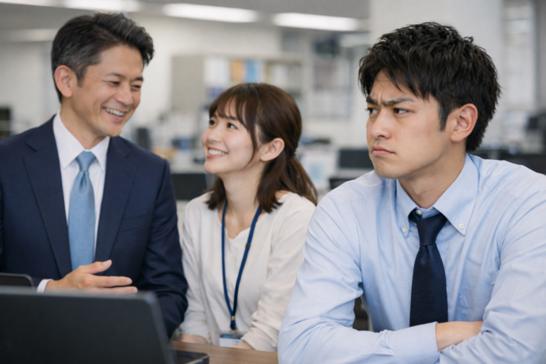 談笑する男女の社員と男性社員