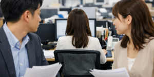 女性社員を見つめる2人の社員