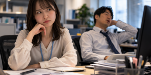 やる気のない隣の男性社員にうんざりする女性社員
