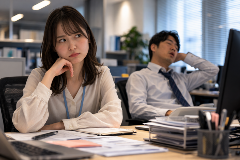 やる気のない隣の男性社員にうんざりする女性社員