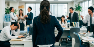 職場を見渡す女性社員