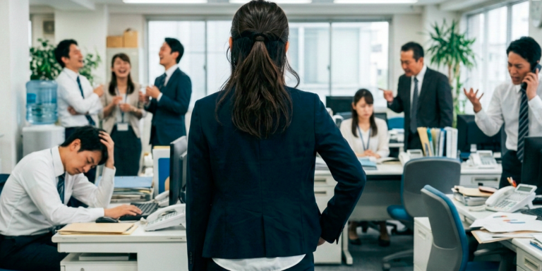 職場を見渡す女性社員