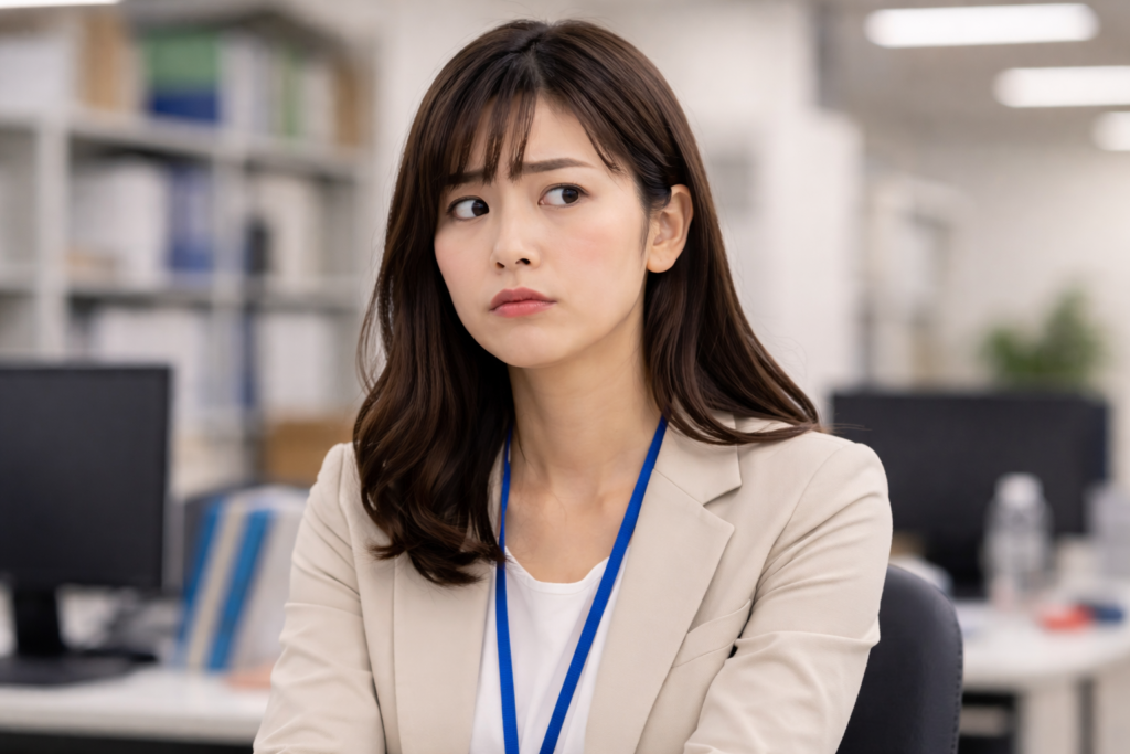 the_female_employee_had_a_look_of_dissatisfaction_on_her_face. 納得のいかない表情をする女性社員